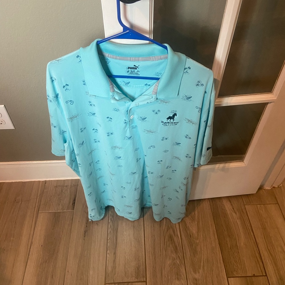 Puma adult extra large, gold polo, black horse golf course logo